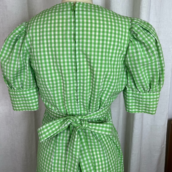 Vintage 70s Green Gingham Maxi Dress Puff Sleeves Medium - Picture 4 of 6